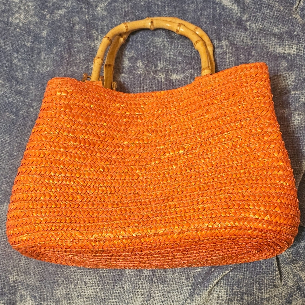 Orange Woven Handbag with Bamboo Handles